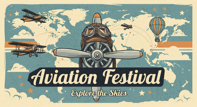 Aviation Festival retro poster design with propeller and world map
