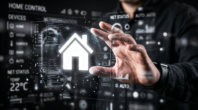 Smart home technology concept a person interacting with a digital house interface