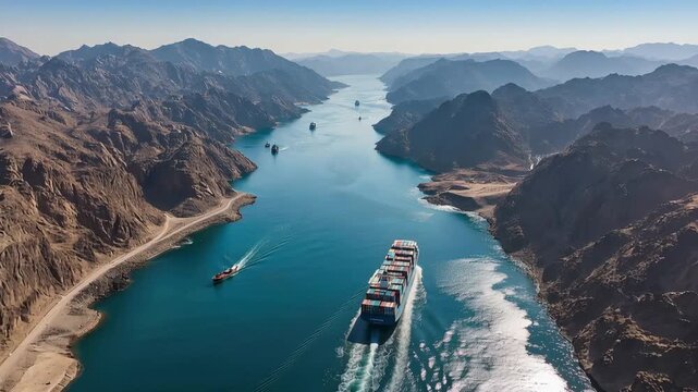 A small channel between desert mountains is traversed by cargo ships. Concepts of international trade and marine logistics