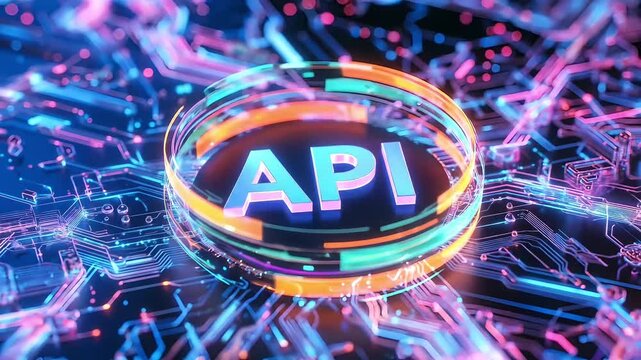 Futuristic glowing API digital interface with circuit board background and vibrant neon lights
