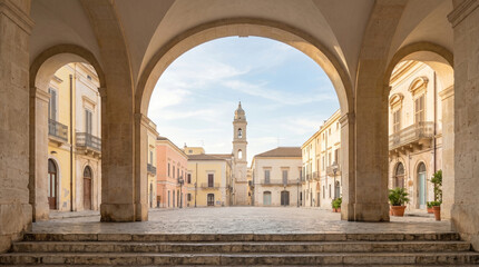 Obraz premium Old stone archway frames a beautiful historic town square in southern Italy featuring traditional pastel colored buildings and a tall bell tower standing against a clear morning blue sky