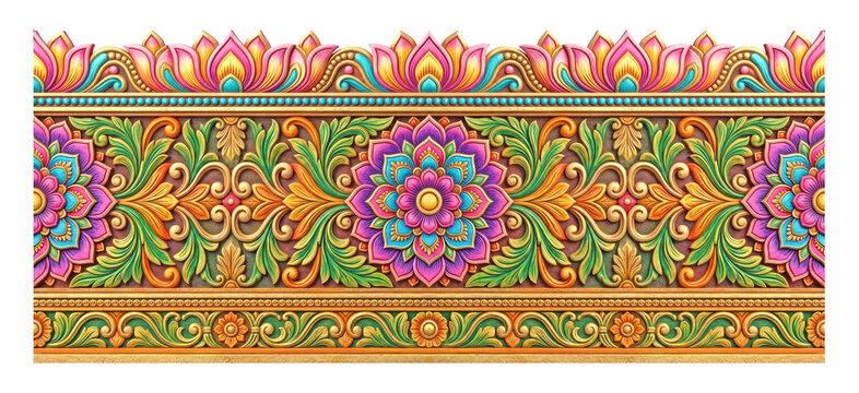 Luxury Colourful Indian Mandala Seamless Floral Border, Ornate Traditional Ethnic Decorative Royal Carving Frame