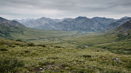 Fototapeta premium Vast green valley stretching towards distant rugged mountains under a cloudy sky in a wilderness landscape scene.