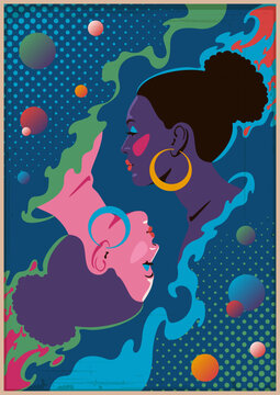 1970s Psychedelic Posters Style Illustration. Women Faces, Abstract Background, Vintage Psychedelic Colors, Aged Textured Frame