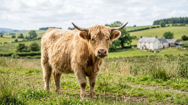 Highland cattle standing in a lush green pasture with long shaggy light brown hair and large sharp horns looking directly at the camera on a beautiful sunny summer day