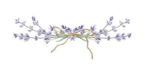 Watercolor lavender floral arrangement with a jute bow. Hand drawn botanical horizontal bouquet isolated on white. Provence style design for wedding invitations, aromatherapy and greeting cards. © Natalia