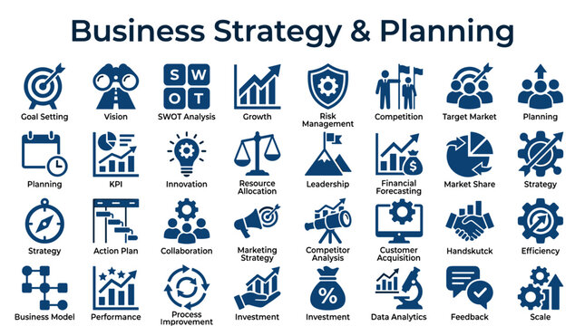 Business strategy and planning icons representing goal setting SWOT analysis growth risk management competition target market and financial forecasting for corporate success
