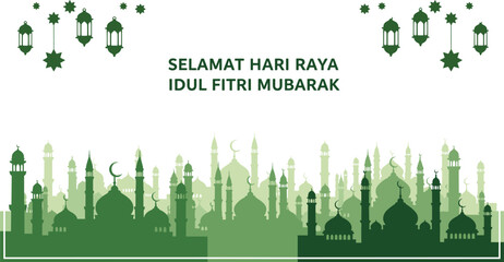 Selamat Hari Raya Idul Fitri Mubarak greeting card with green mosque silhouette city skyline and hanging lanterns on white background © AnantaKumar