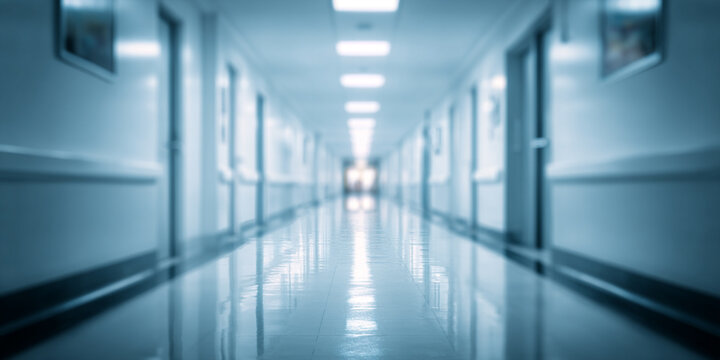 A blurred image of an empty hospital corridor.