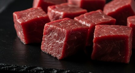 Fototapeta premium Raw beef cubes on a black surface, cut and arranged neatly, showcasing texture and color, with a close-up view.