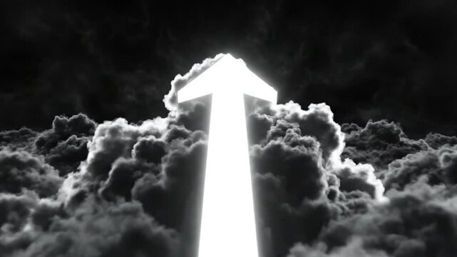 Bright white arrow pointing upwards through dark ominous clouds symbolizing progress, achievement, and ascension in an inspiring and spiritual concept
