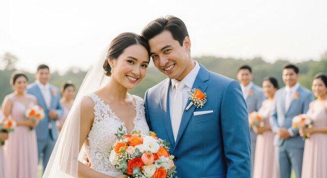 newlywed asian couple smiling in wedding attire with floral bouquet at outdoor ceremony