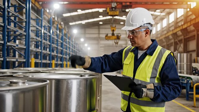 Worker inspects metal cylinder in warehouse factory. Man checks steel drum with clipboard. Industrial worker examines metal storage. Factory inspection of cylinder drums in warehouse facility.