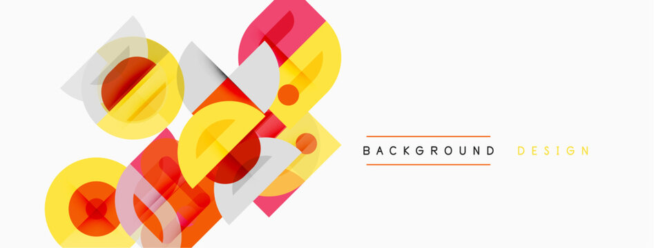 Abstract geometric shapes overlap, creating vibrant color composition. Orange, yellow, red hues dominate white space. Modern design element.