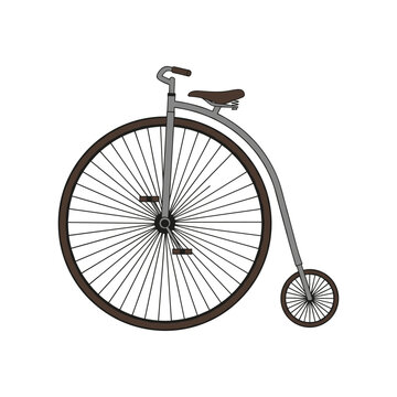 Old penny farthing bicycle with large front wheel and small rear wheel