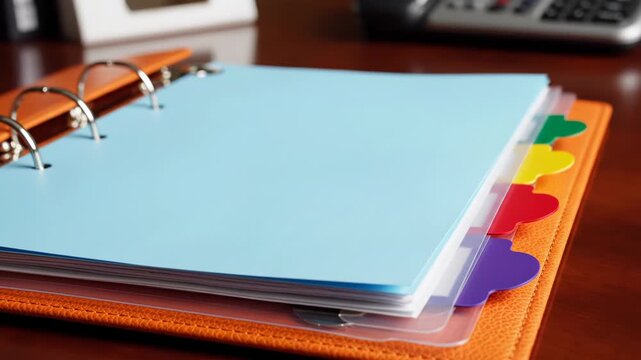 An open orange textured leather binder featuring metal rings and a light blue sheet of paper. The folder includes colorful divider tabs on a dark wooden office desk surface.