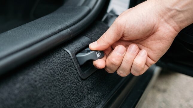 Hand pulling trunk release lever inside vehicle, black interior with textured fabric and door panel