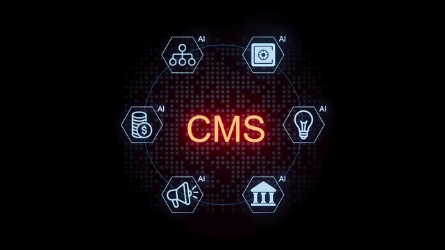 Technology and artificial intelligence in content management systems with highlighted CMS title in the center of the design.