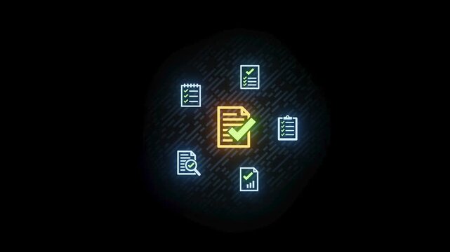 Digital icons showing check marks on documents in a glowing dark background with focus on approved papers and notes.