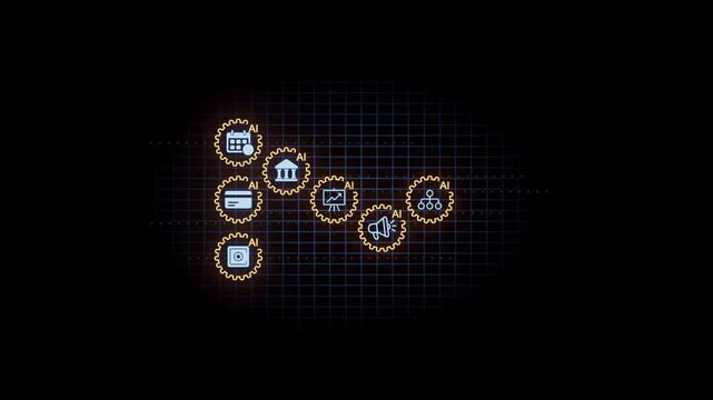 Various gears and icons in a dark space showing technology and system design concepts with a focus on connections and automation.