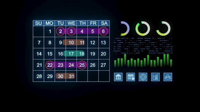 Digital calendar and data display on a dark background with colorful elements showing dates and statistics in organized format.
