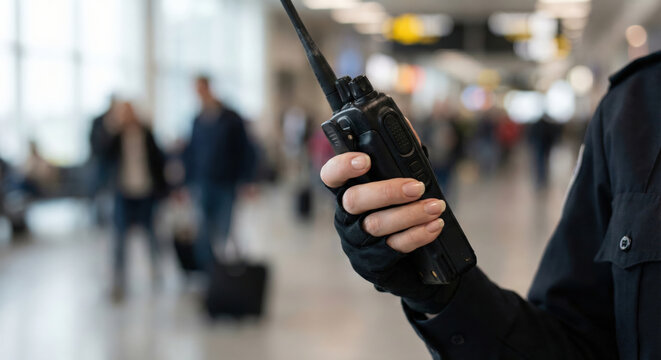 Officer holding radio at airport security checkpoint.