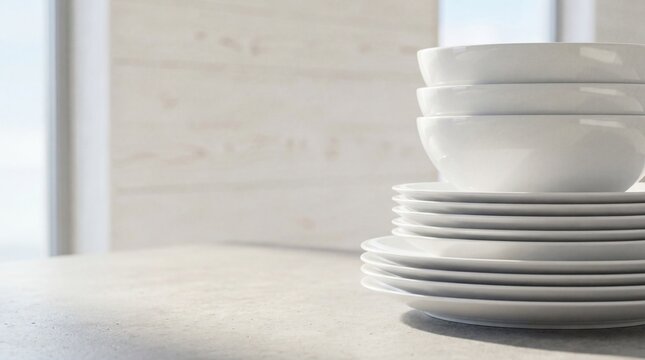 Stack of clean dishes on counter in kitchen.