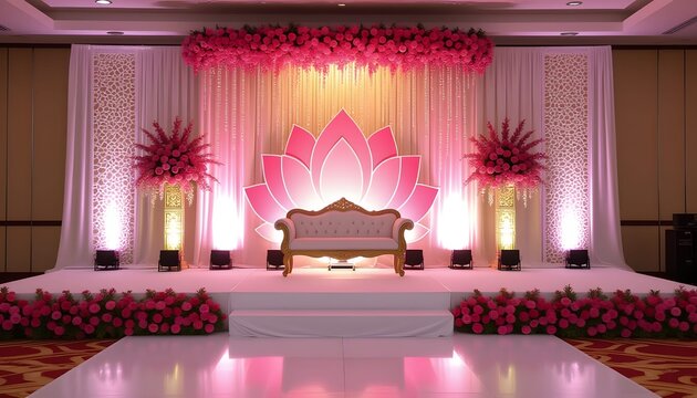 Lotus theme indian wedding stage decoration with pink floral design