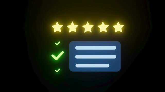 Rating system shows five stars and a green check mark indicating high quality feedback at night with dark background.