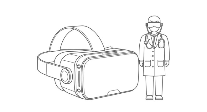 Doctor wearing a virtual reality headset stands next to a medical equipment device to illustrate the future of immersive training and simulation technology in a modern clinical healthcare environment.