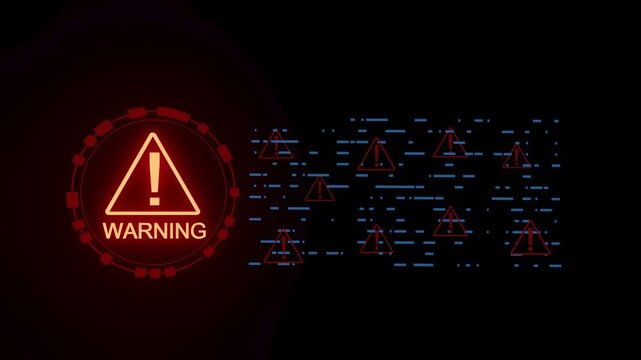 Warning symbols displayed on a digital screen with highlighted text in a dark background representing alerts at a technology facility.