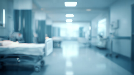 Fototapeta premium A blurred view of a modern hospital corridor highlighting beds and equipment for patient care.