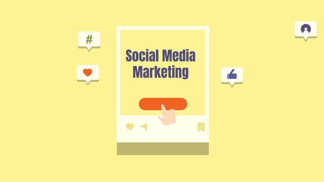 Hand clicks on social media post, triggering multiple engagement and marketing metrics.