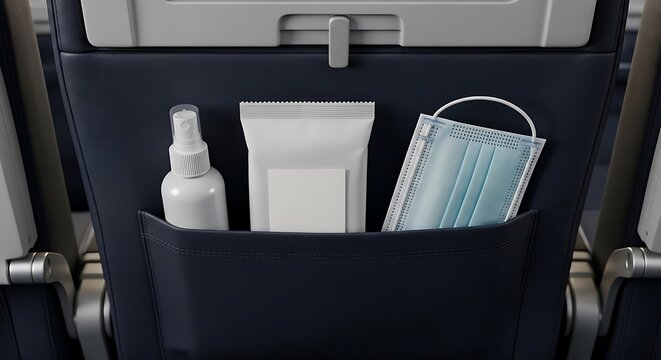 A close-up view of a clean airplane seat pocket containing travel essentials such as hand sanitizer spray, a pack of wipes, and a protective face mask.