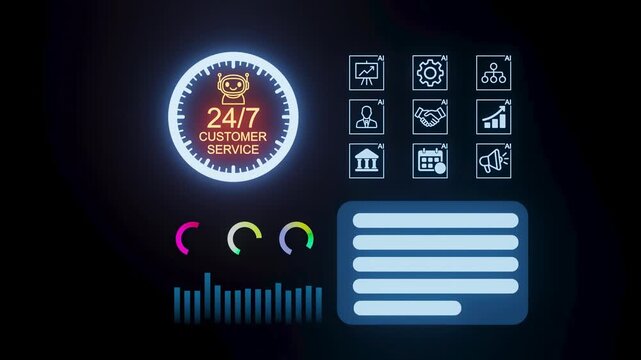 Graphic showing 24/7 customer service with icons and information for business support and monitoring.