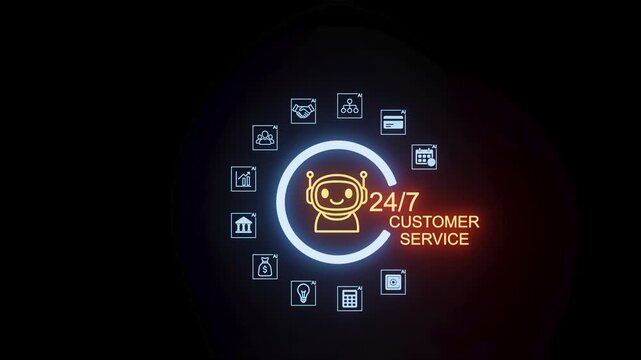 24/7 customer service with chatbots and support icons on a dark background.