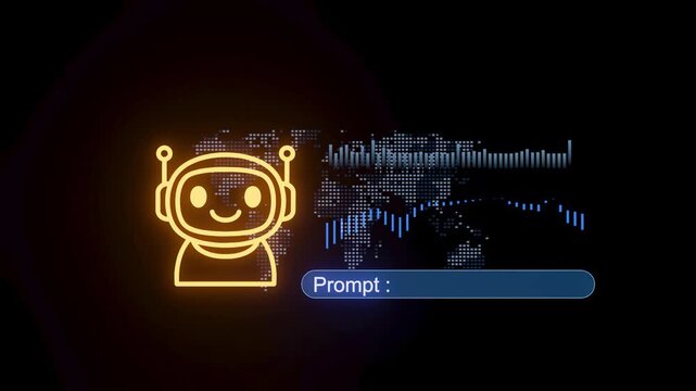 Bright robot face with sound waves and a world map in the background used for technology themes and digital art.