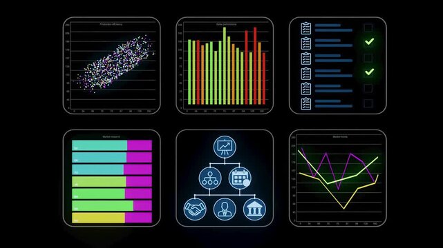 Data visualizations display trends and comparisons in various aspects of performance and metrics in a modern digital format.