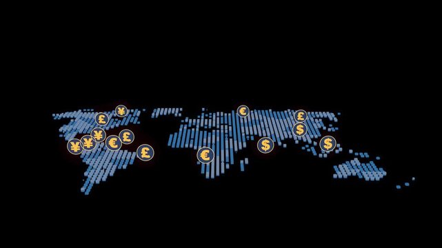Global currency symbols displayed on a world map representing different financial markets during trading hours.
