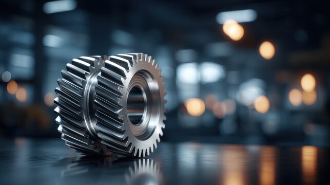 Precision engineered metallic gear with intricate teeth design resting on reflective surface in a dimly lit industrial workshop environment with blurred background l