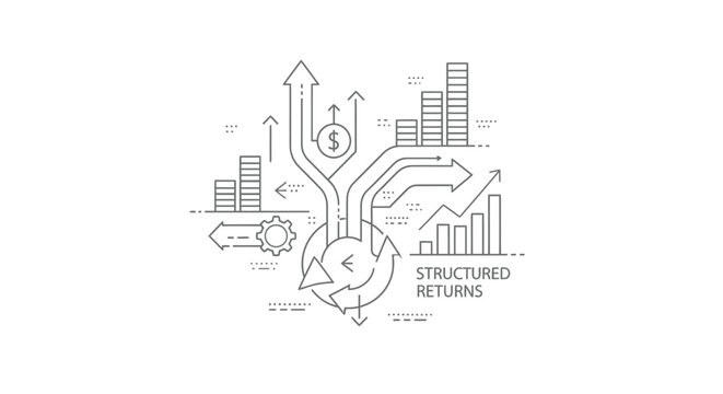 Charts representing structured returns show financial growth and upward trends through complex diagrams that visualize the accumulation of wealth and strategic investment planning in a clean linear.