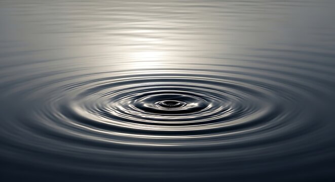 Concentric ripples spreading outwards on a calm, dark water surface with subtle reflections.