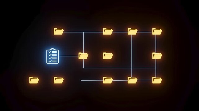 Data organization and file structure shown with folders and a checklist in a digital network setting.