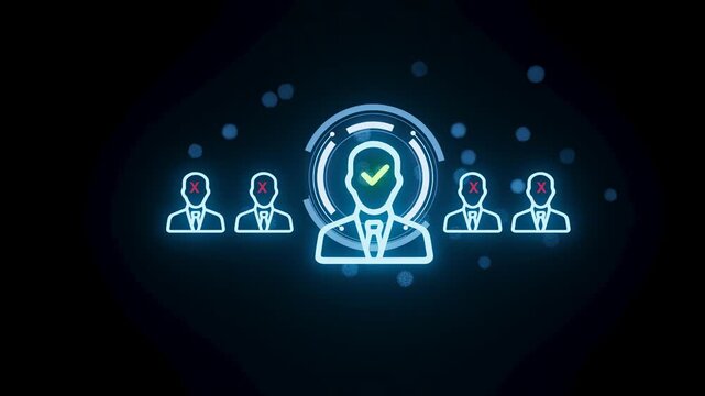 Digital selection process shows one chosen candidate among many with visual indicators on others.