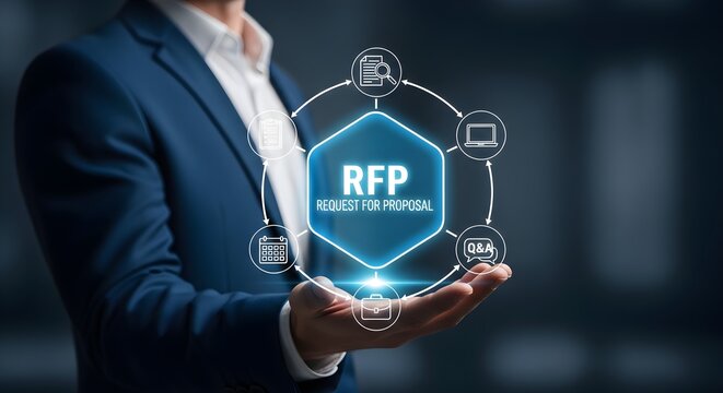 Businessman presenting a request for proposal with glowing RFP concept in his hand