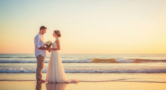 romantic beach wedding couple holding bouquet at golden hour seaside ceremony