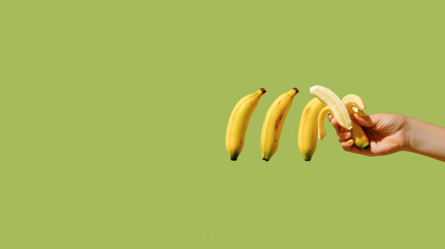 Fresh Banana Feast: A hand unveils the delightful interior of a ripe banana, offering a visual treat. The vibrant arrangement against the harmonious backdrop stimulates the appetite.