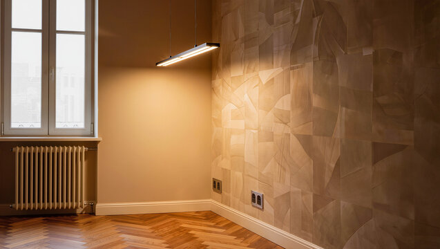 Modern Interior Room with Geometric Patterned Wall and Warm Pendant Lighting