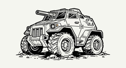 Armored vehicle illustration in monochrome style © Stok