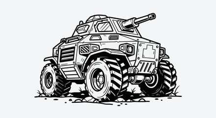 Armored vehicle illustration in monochrome style © Stok